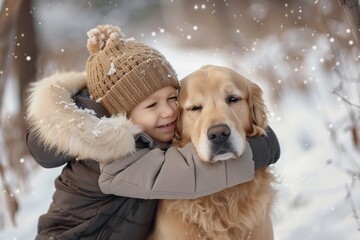 Poster - A small child hugs his pet golden retriever. Winter activity holidays