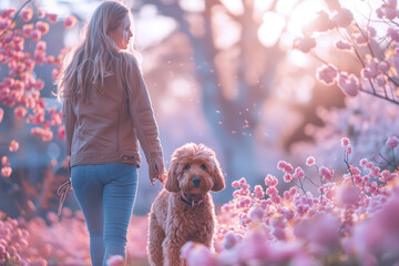 Wall Mural - Australian Woman Walking with Her Dog in Cherry Blossom Conservation Park