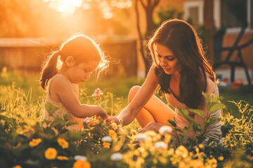 Caucasian mother and daughter planting flowers in their garden during the late afternoon sun.