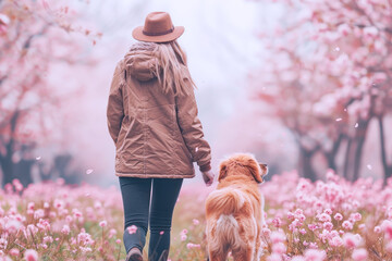 Wall Mural - French Woman Walking with Her Dog in Cherry Blossom Conservation Park