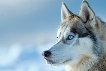 Poster - A striking photograph of a blue-eyed Husky against a soft blue sky, capturing the intensity and beauty of its gaze