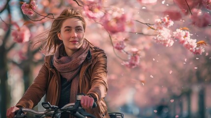 Wall Mural - The picture of the cyclist is riding on the road that has been surrounded with cherry blossom or sakura from the both side of the roadway with warm light from the sun in the spring of the year. AIG43.