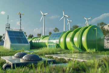 Wall Mural - green hydrogen production concept with pipeline wind turbines and solar panels 3d illustration