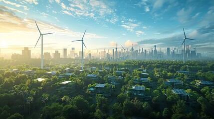 A scenic view of a green city with wind turbines and solar panels, showcasing sustainable energy sources and modern urban development.