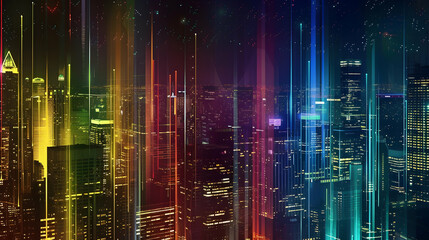 Wall Mural - Background of buildings at night with colored lines