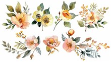Watercolor Bouquets With Pink And Yellow Wildflowers Leaves And Branches Botanical Illustration Set
