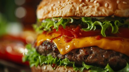 Wall Mural - mouthwatering closeup of juicy burger with melted cheese fast food photography