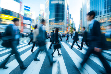 blurred group of well dressed business people crossing the street in tokyo, japan