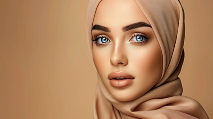 Portrait of beautiful muslim woman wearing a hijab over studio background studio. generative ai