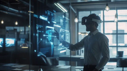 Wall Mural - businessman working with virtual ai assistant through hologram display technology, futuristic techno
