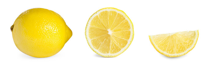 Wall Mural - Fresh lemons isolated on white, set. Whole one, half and wedge