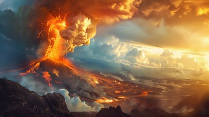 an erupting mountain spewing fiery ash into the sky
