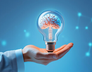 Wall Mural - Male hand holding lit clear light bulb with brain inside, against blue background with bokeh and copy space