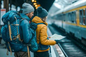 Mid adult couple of backpackers on railroad station with backpacks and using map. Waiting for train on the station