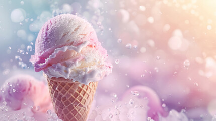 dreamy-summer-strawberry-ice-cream-cone-with-magical-bubbles-background