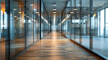 Wall Mural - Beautiful interior of modern office corridor with glass walls and wooden floor, interior design photography, blurred background,