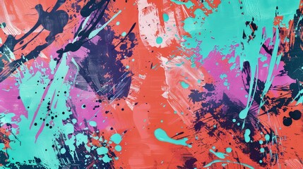 Wall Mural - a dynamic textured abstract background with bold paint splatter patterns in bright coral, turquoise,