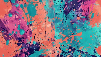 Wall Mural - a dynamic textured abstract background with bold paint splatter patterns in bright coral, turquoise,