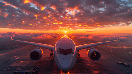 Wall Mural - Avión en pista, un atardecer nublado,  con puesta de sol, concepto de aerolínea próspera, moderna y desarrollada.