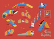 © MINIWIDE - Many dogs overcome an obstacle course in a dog agility competition. flat design style illustration.