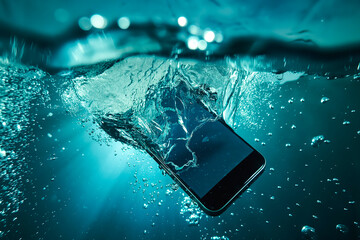 Wall Mural - Smartphone falling in water. Mobile phone sinking into water, with splash and bubbles