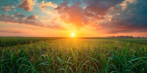 Vibrant sugarcane field at sunset: crucial for food industry sustainability. Concept Agriculture, Sugar industry, Sustainability, Sunset photography, Food production