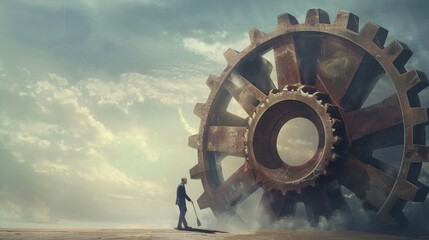 Wall Mural - Businessman pushing large gear system