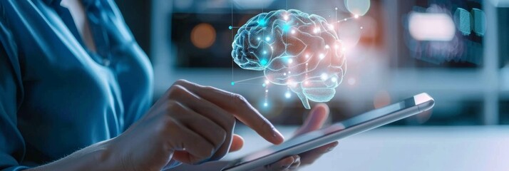 AI, data science, digital technology concept. Computer programmer using digital tablet with AI machine learning, data management system, cloud computing technology, software development