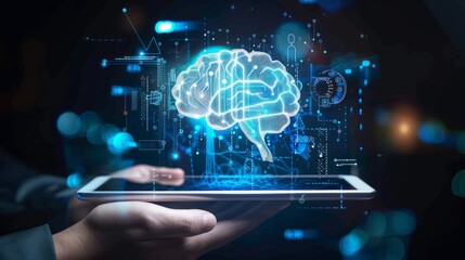 AI, data science, digital technology concept. Computer programmer using digital tablet with AI machine learning, data management system, cloud computing technology, software development