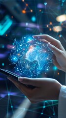 AI, data science, digital technology concept. Computer programmer using digital tablet with AI machine learning, data management system, cloud computing technology, software development
