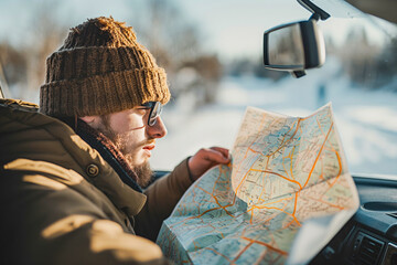 Young man looking at a map in the car on a winter road trip adventure.