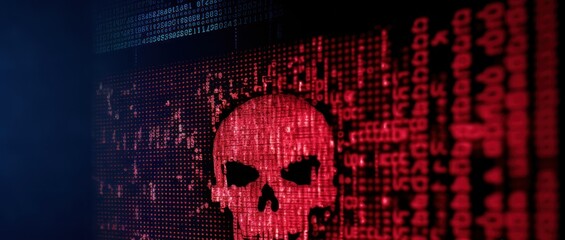 Wall Mural - Skull on a Matrix Background with copy space. Digital background. A stream of binary matrix code on the screen. numbers of the computer matrix. PC virus concept. cyber security concept.
