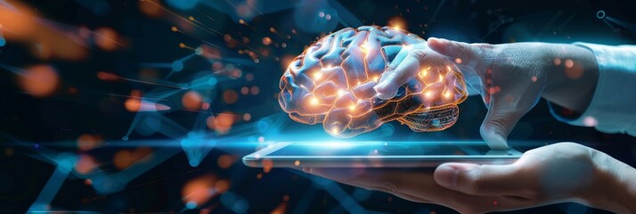 AI, data science, digital technology concept. Computer programmer using digital tablet with AI machine learning, data management system, cloud computing technology, software development