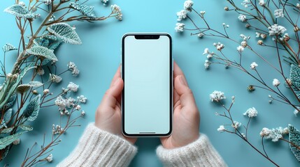 Wall Mural - Woman's hand is holding a smartphone with a white screen