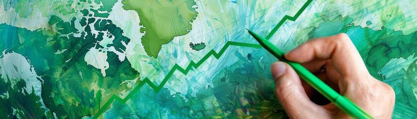Wall Mural - A hand drawing a green upward graph on a world map, representing growth in renewable energy, digital art, vibrant colors