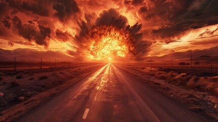 A haunting image of a lone road stretching into the distance, with a devastating nuclear explosion dominating the horizon, a symbol of ultimate destruction