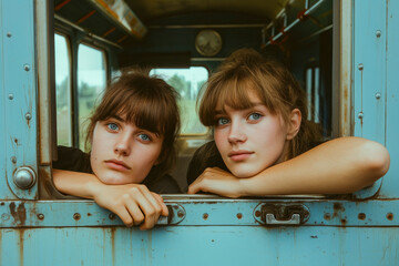 Wall Mural - Two young women looking out of the train door