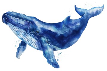 Blue whale isolated on white background. Watercolor hand drawn illustration