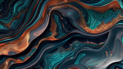 Wall Mural - a mesmerizing fluid art abstract background with flowing curves and patterns in shades of copper, te