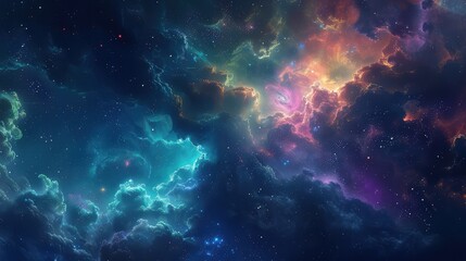 Wall Mural - A mesmerizing space galaxy illustration with glowing nebula clouds and starry night sky, blending rich blues, magentas, and emerald greens.