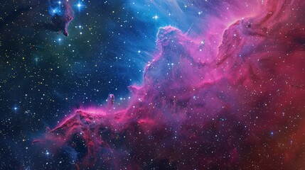 Wall Mural - A mesmerizing nebula cloud glowing in bright magentas and electric blues, with a glittering starry night sky providing a cosmic backdrop.