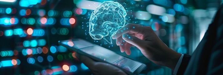 AI, data science, digital technology concept. Computer programmer using digital tablet with AI machine learning, data management system, cloud computing technology, software development