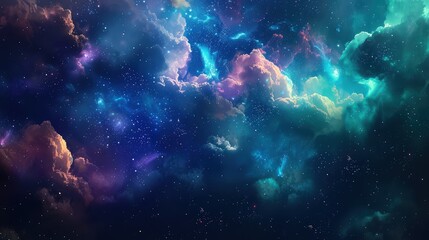 Wall Mural - A mesmerizing space galaxy illustration with glowing nebula clouds and starry night sky, blending rich blues, magentas, and emerald greens.