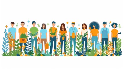 Save planet people poster. Men and women watering plants and picking up trash. Activists and volunteers care about narure and ecology, environment. Cartoon flat vector illustration