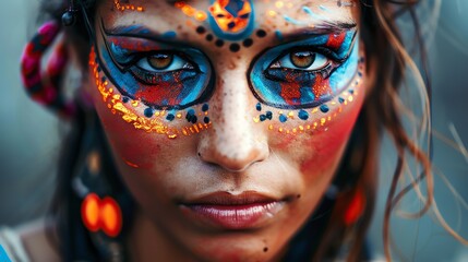 A stunning close-up portrait of a young woman with vibrant face painting. Her eyes are dark and mysterious, and her lips are slightly parted.