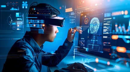 AI, data science, digital technology concept. Computer programmer using digital tablet with AI machine learning, data management system, cloud computing technology, software development