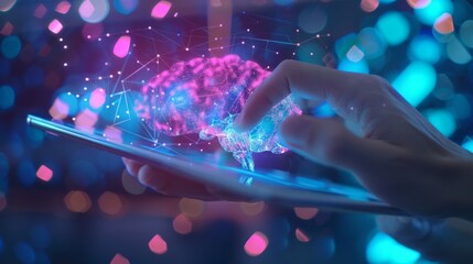 AI, data science, digital technology concept. Computer programmer using digital tablet with AI machine learning, data management system, cloud computing technology, software development