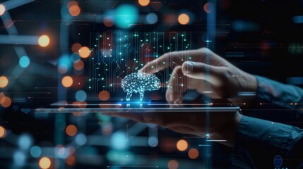 AI, data science, digital technology concept. Computer programmer using digital tablet with AI machine learning, data management system, cloud computing technology, software development