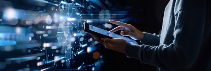 AI, data science, digital technology concept. Computer programmer using digital tablet with AI machine learning, data management system, cloud computing technology, software development