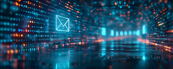 Digital email icon amidst glowing, futuristic binary code representing modern communication and technology in a cyber environment.